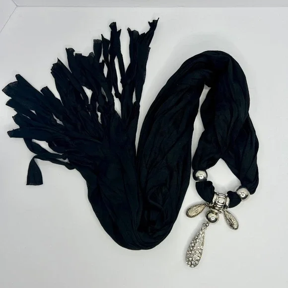 Black Scarf‎ Necklace Silver Tone Beads Rhinestones Fringe Western Statement - Picture 8 of 8